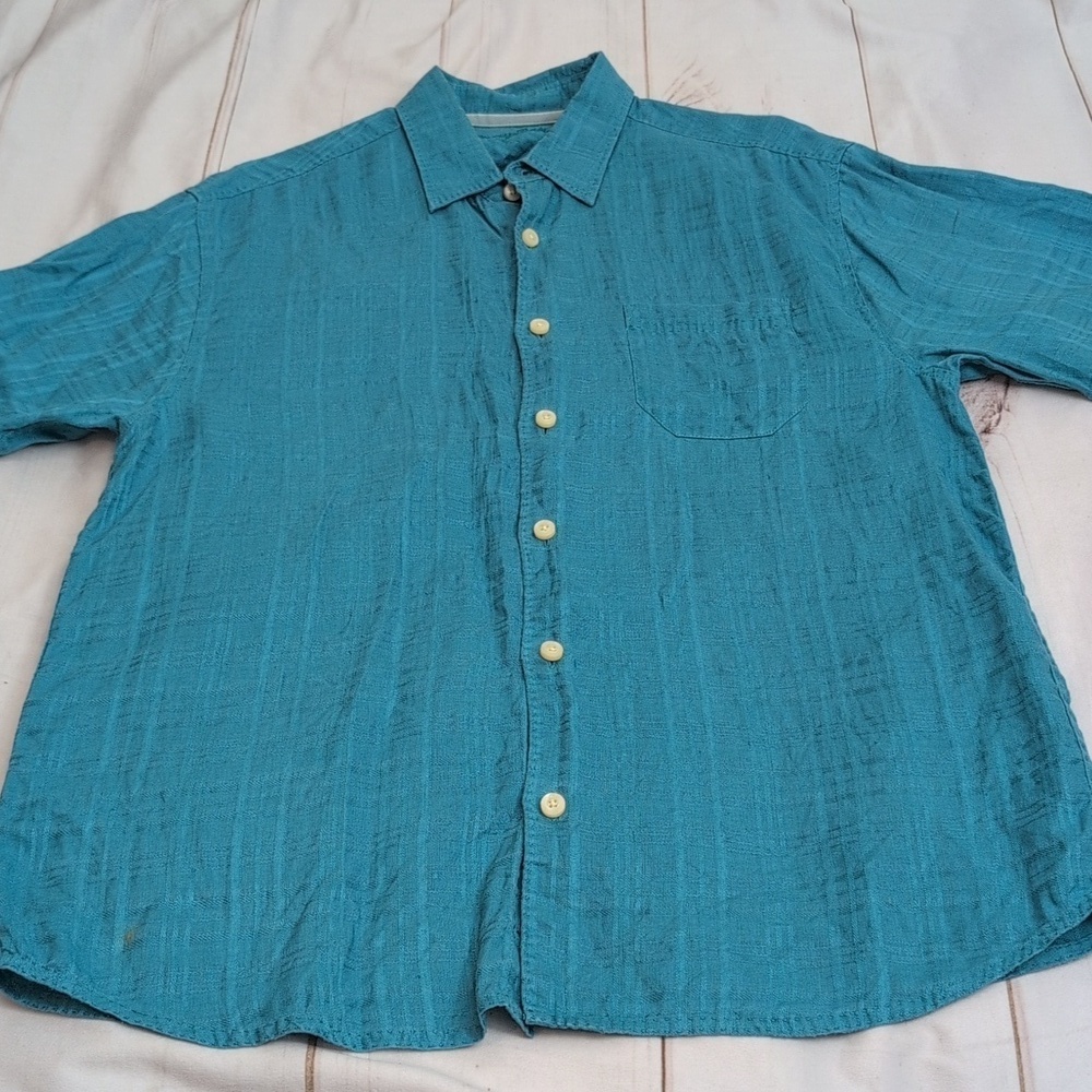 Tommy Bahama Mens Button Down Linen Short Sleeved Teal Light Checker Design Med
